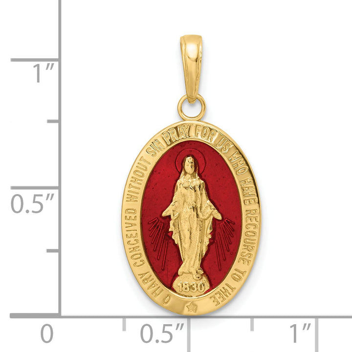 14K Yellow Gold Solid Red Enameled Miraculous Medal Oval Pendant