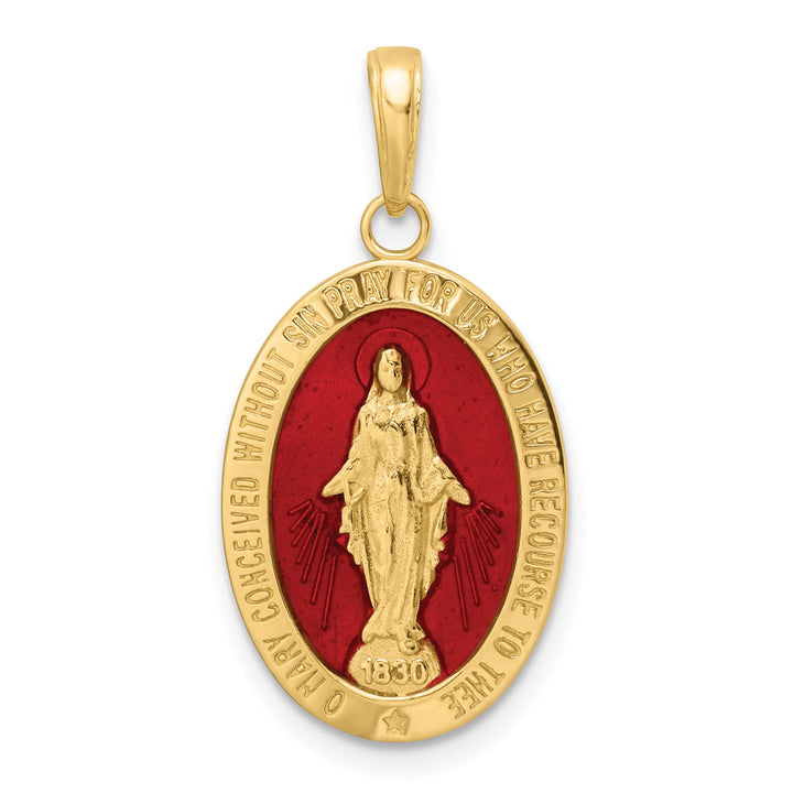 14K Yellow Gold Solid Red Enameled Miraculous Medal Oval Pendant