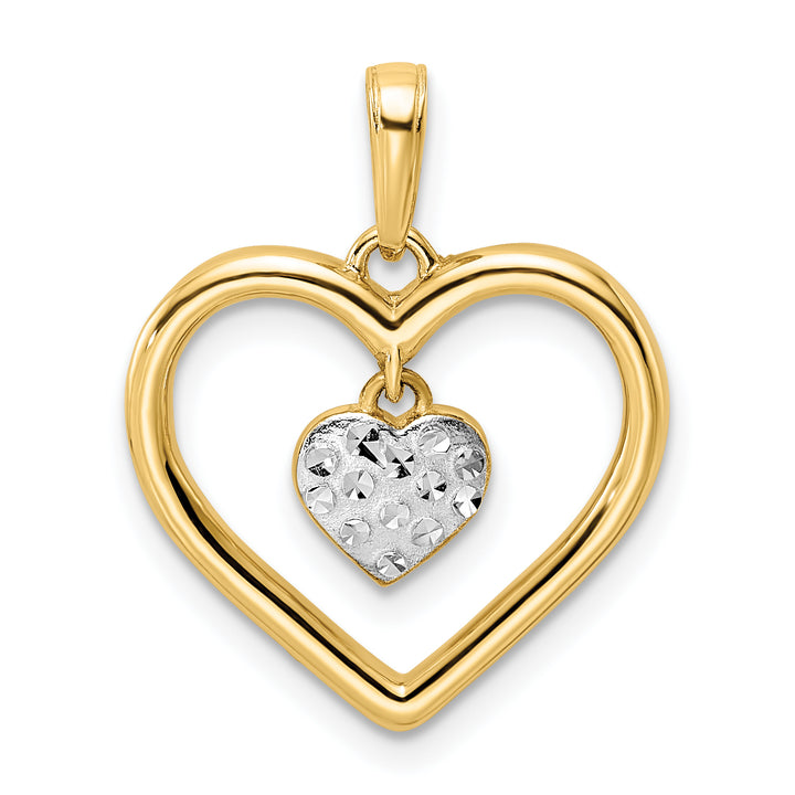 14k Yellow Gold White Rhodium D.C Heart Dangle Heart Pendant