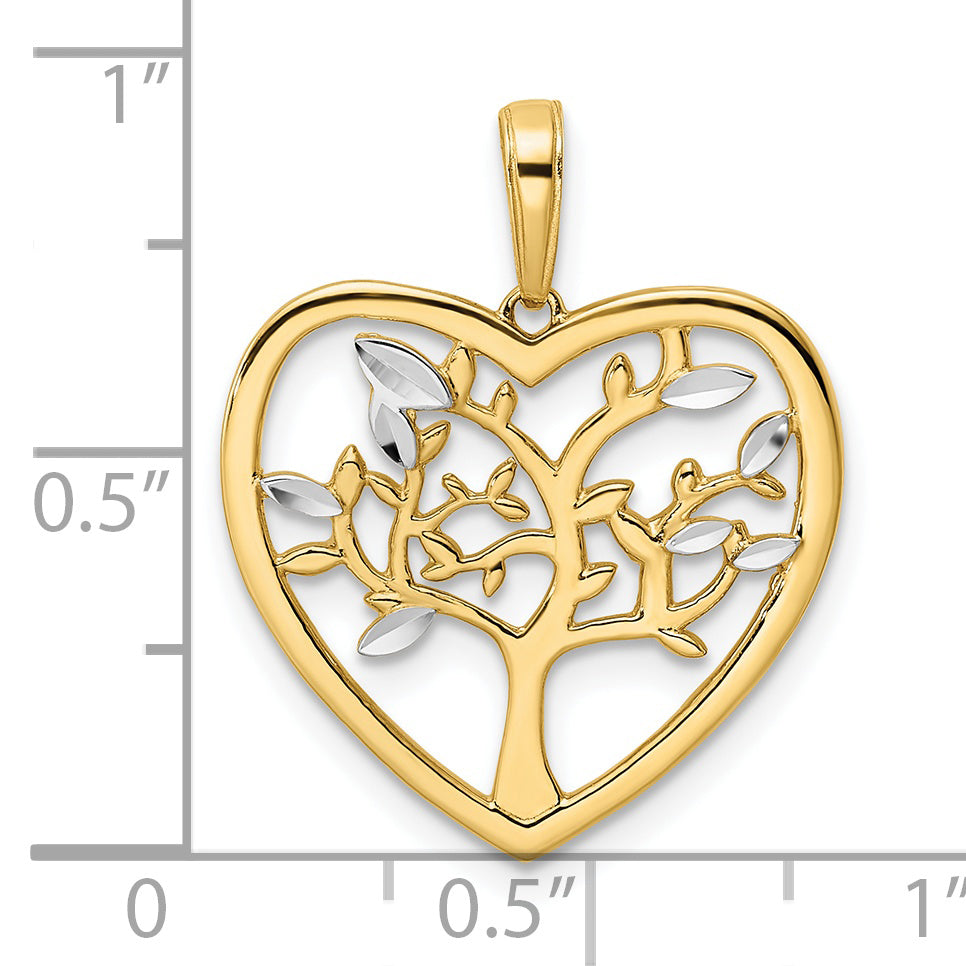 14k Yellow Gold White Rhodium D.C Tree of Life Heart Pendant