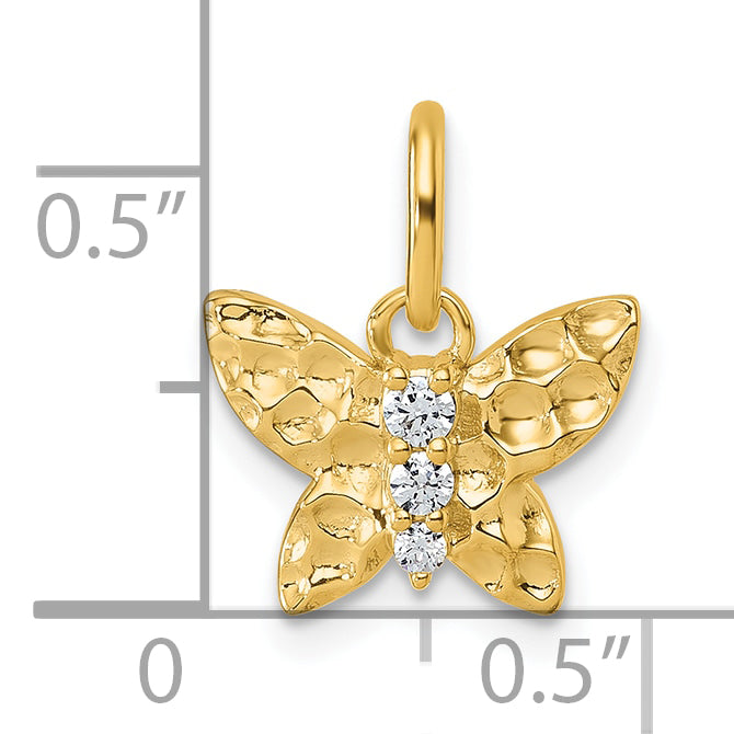 14K Yellow Gold Polished Hammered Finish Diamond Butterfly Pendant