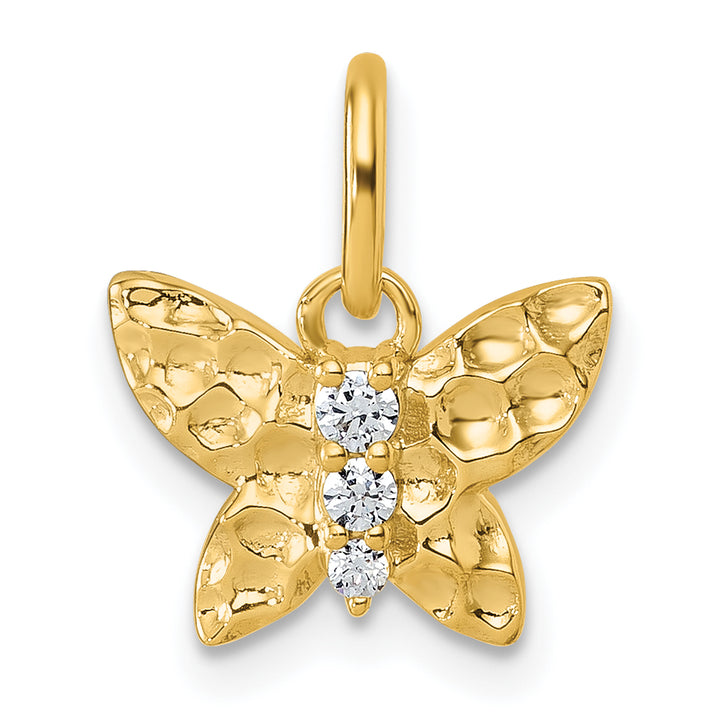 14K Yellow Gold Polished Hammered Finish Diamond Butterfly Pendant