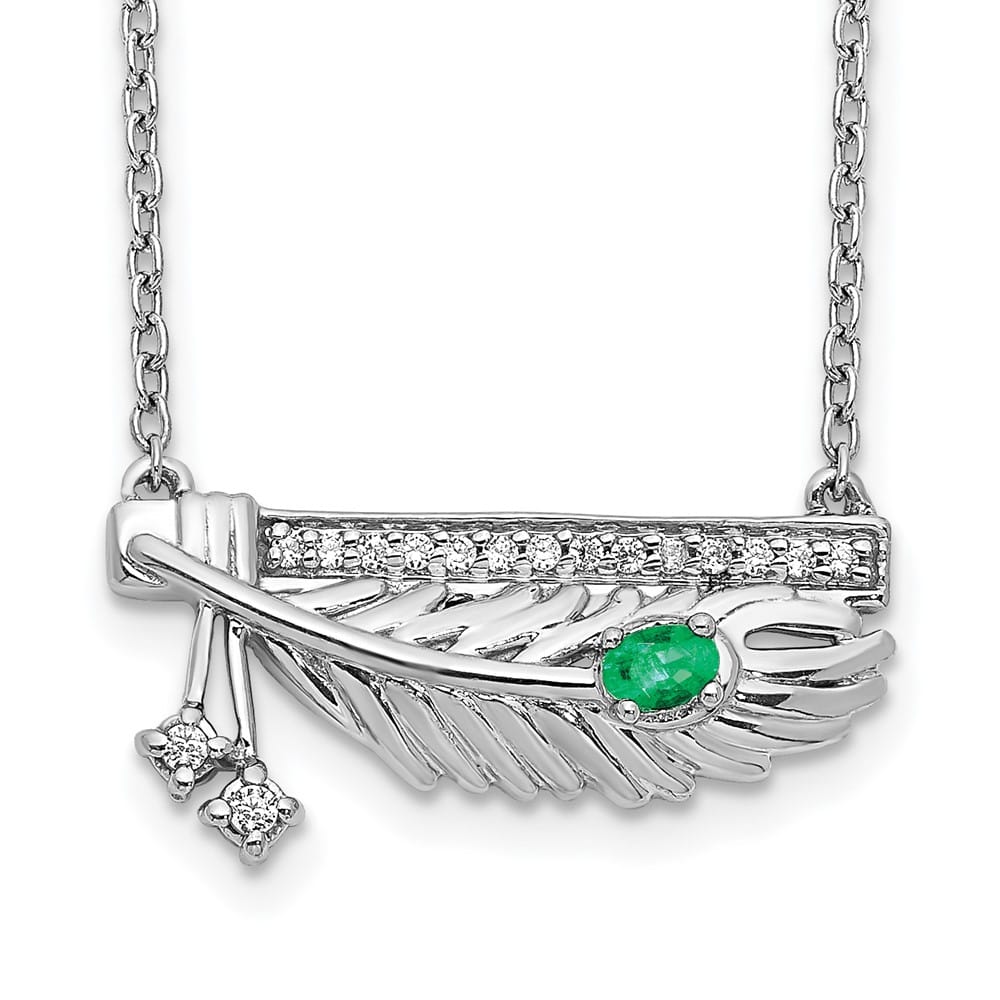 14K White Gold Diamond Bar with Emerald Feather 18 inch Necklace