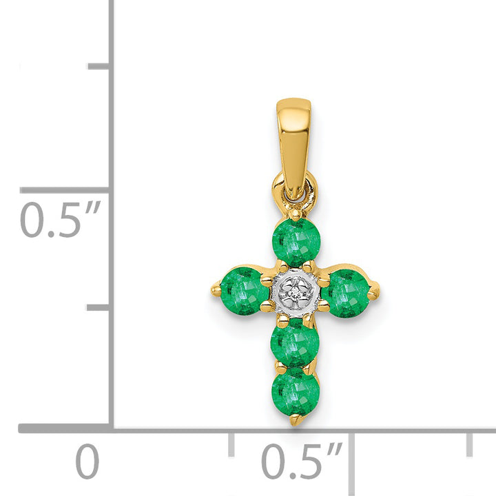 14k Yellow Gold Emerald & Diamond Cross Design Pendant