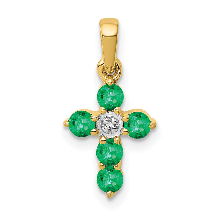 14k Yellow Gold Emerald & Diamond Cross Design Pendant