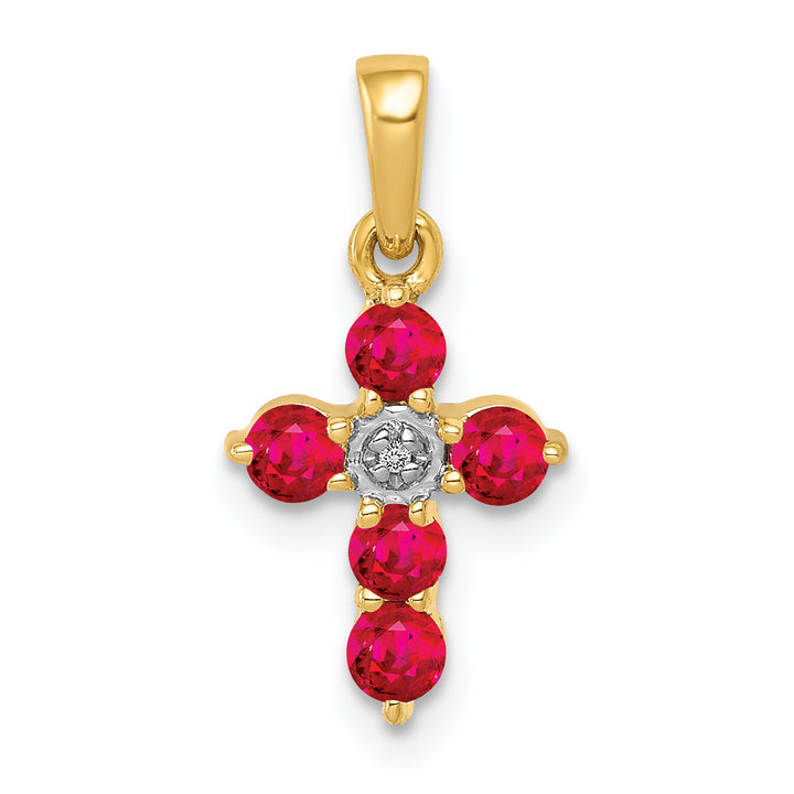 14k Yellow Gold Ruby & Diamond Stones Cross Pendant