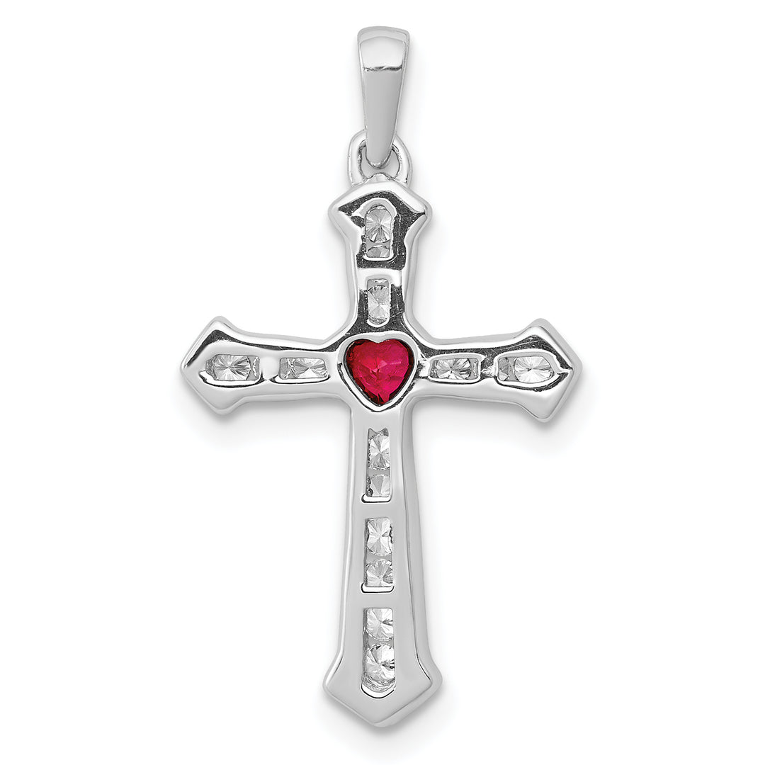 14k White Gold Ruby Diamond Heart Cross Pendant