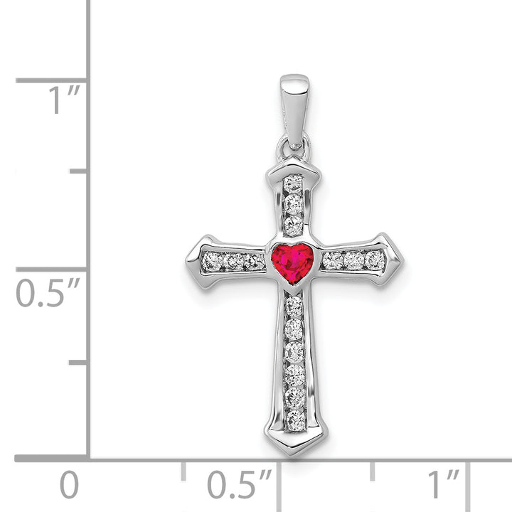 14k White Gold Ruby Diamond Heart Cross Pendant