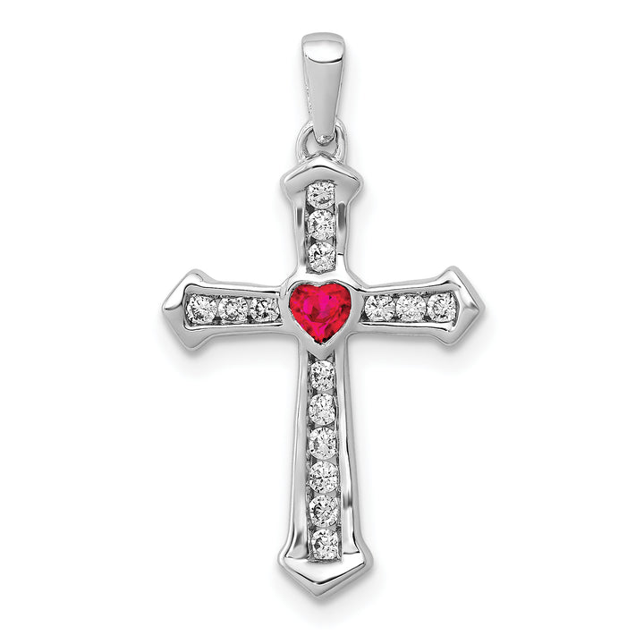 14k White Gold Ruby Diamond Heart Cross Pendant