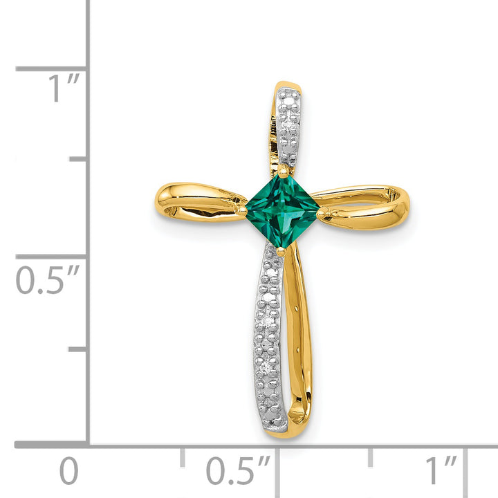 14k Yellow, White Gold Square Lab Emerald & Diamond Cross Omega Slide