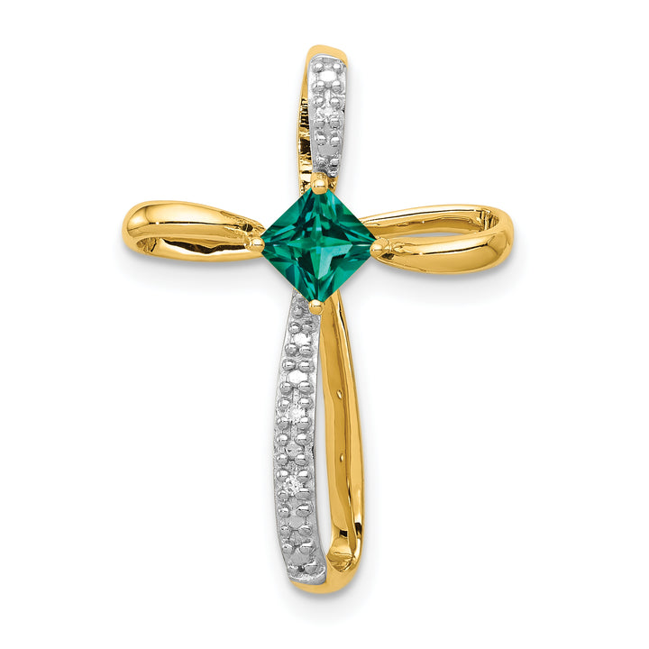 14k Yellow, White Gold Square Lab Emerald & Diamond Cross Omega Slide