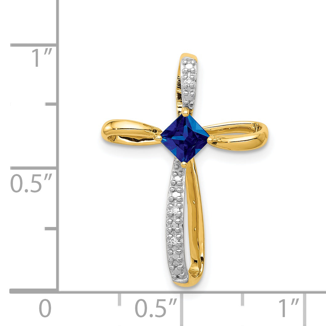 14k Two Tone Gold Square Lab Sapphire & Diamond Cross Omega Slide