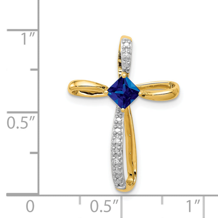 14k Two Tone Gold Square Lab Sapphire & Diamond Cross Omega Slide