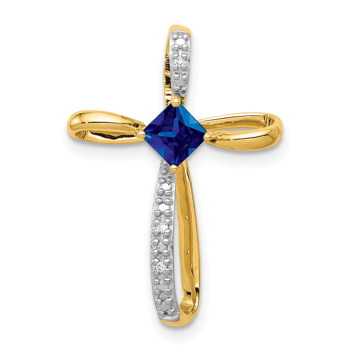14k Two Tone Gold Square Lab Sapphire & Diamond Cross Omega Slide