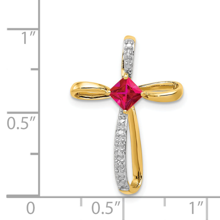 14k Yellow, White Gold Square Lab Ruby & Diamond Cross Omega Slide