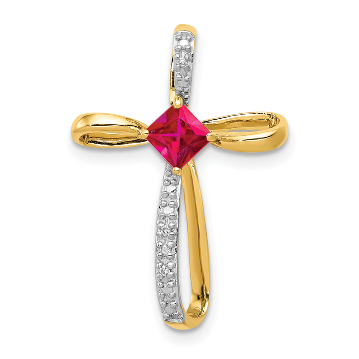 14k Yellow, White Gold Square Lab Ruby & Diamond Cross Omega Slide