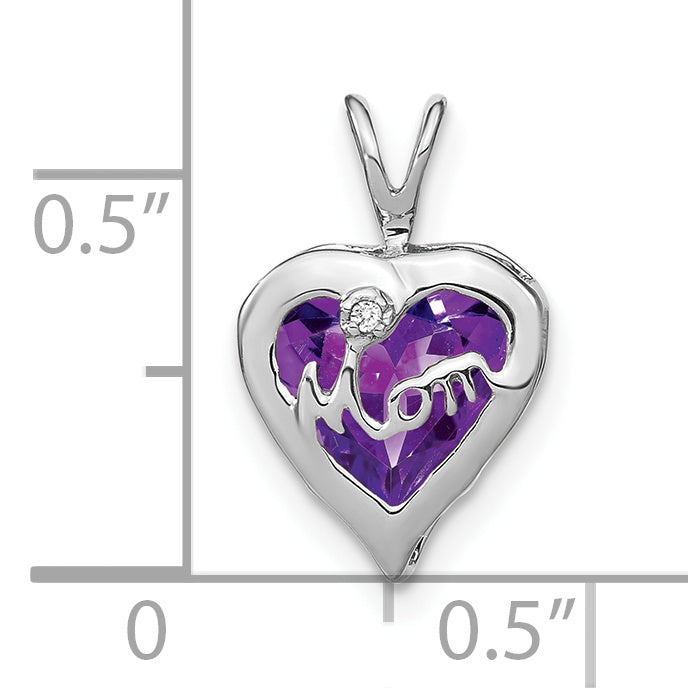 14k White Gold Amethyst and Diamond MOM Heart Pendant