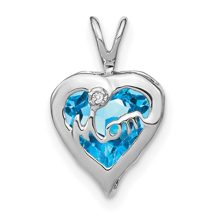 14k White Gold Blue Topaz and Diamond MOM Heart Pendant