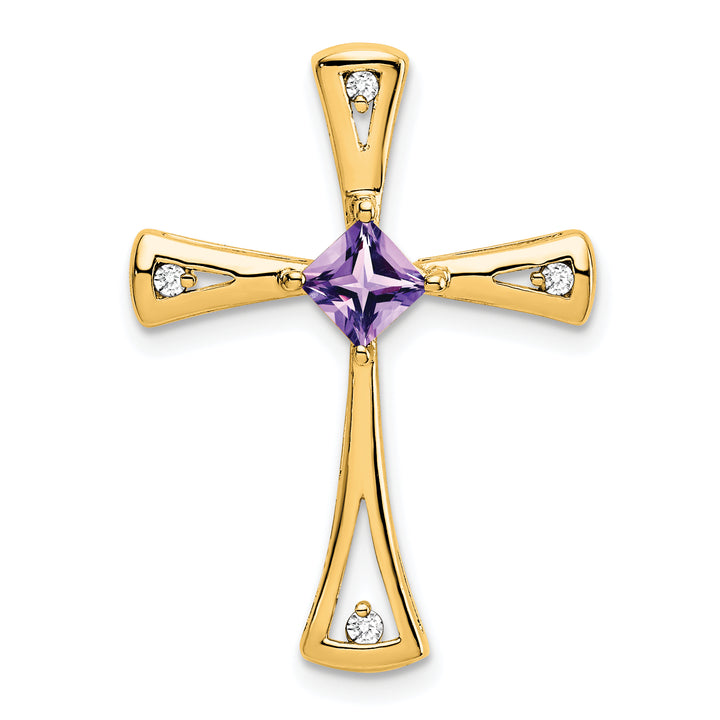 14k Yellow Gold Square Amethyst & Diamond Cross Chain Slide
