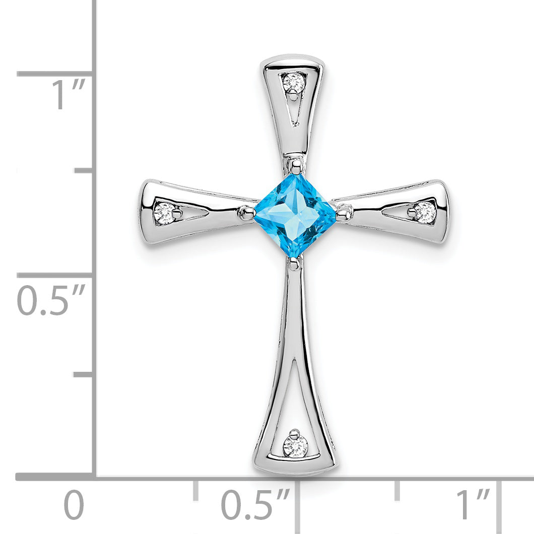 14k White Gold Square Blue Topaz & Diamond Cross Chain Slide