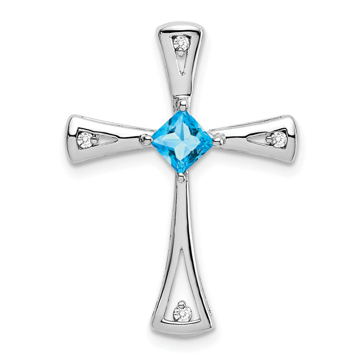 14k White Gold Square Blue Topaz & Diamond Cross Chain Slide