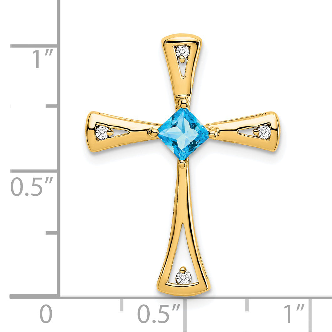 14k Yellow Gold Square Blue Topaz & Diamond Cross Chain Slide
