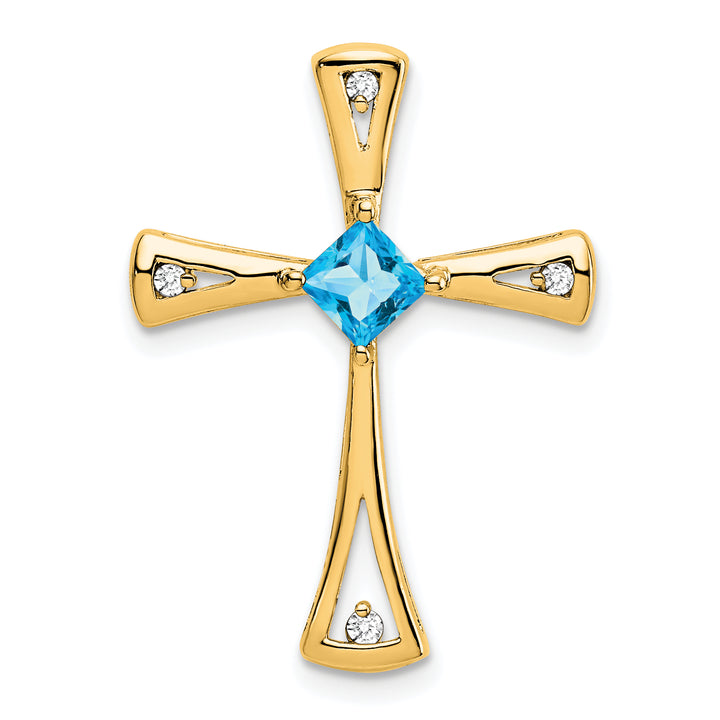 14k Yellow Gold Square Blue Topaz & Diamond Cross Chain Slide