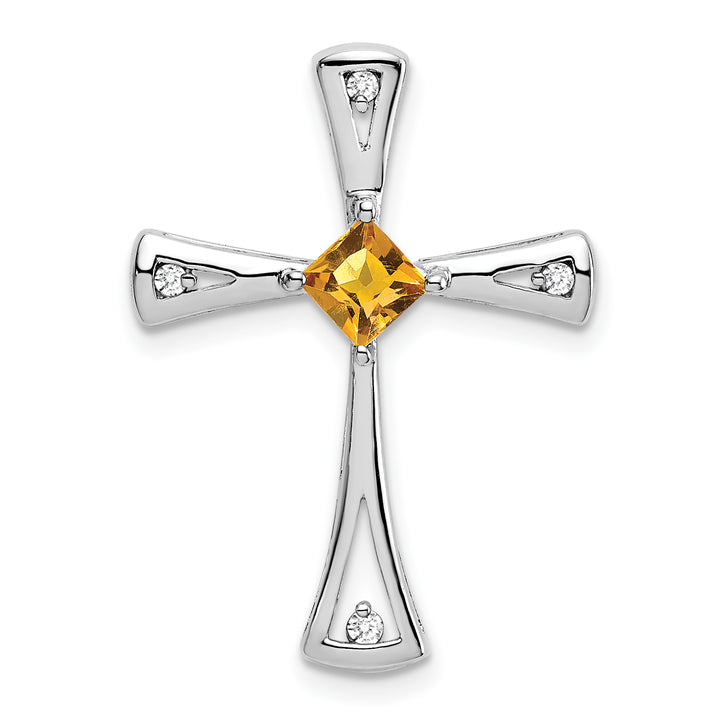 14k White Gold Square Citrine & Diamond Cross Chain Slide