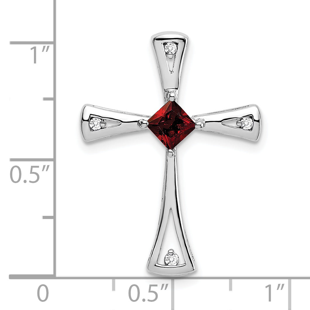 14k White Gold Square Garnet & Diamond Cross Chain Slide