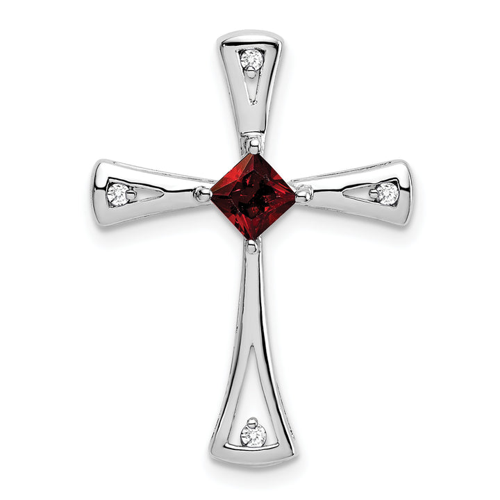 14k White Gold Square Garnet & Diamond Cross Chain Slide