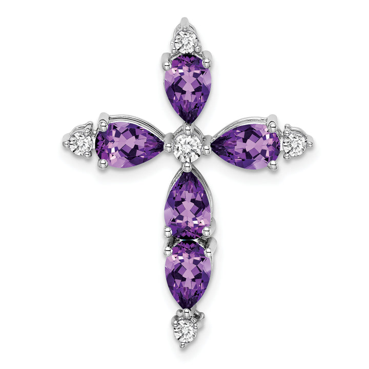 14k White Gold Pear Amethyst & Diamond Cross Chain Slide