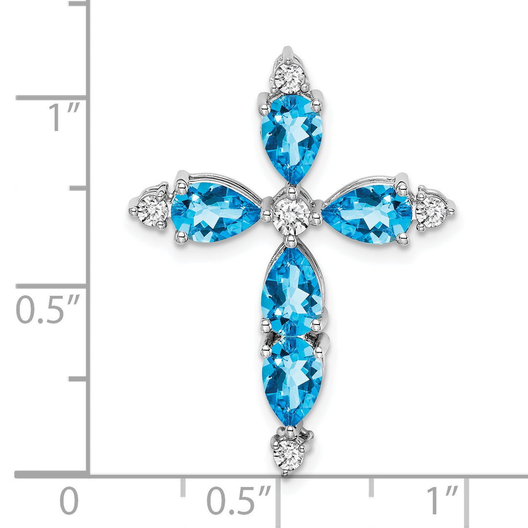 14k White Gold Pear Blue Topaz & Diamond Cross Chain Slide