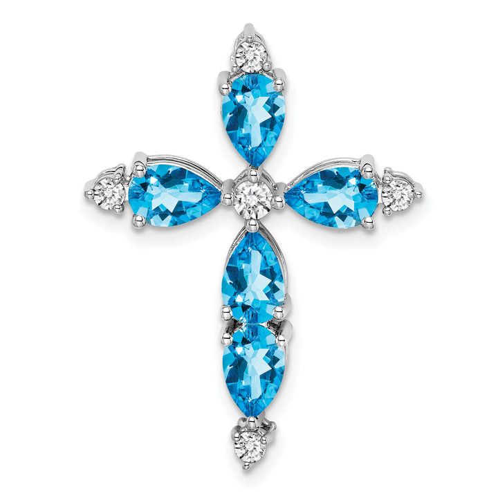 14k White Gold Pear Blue Topaz & Diamond Cross Chain Slide
