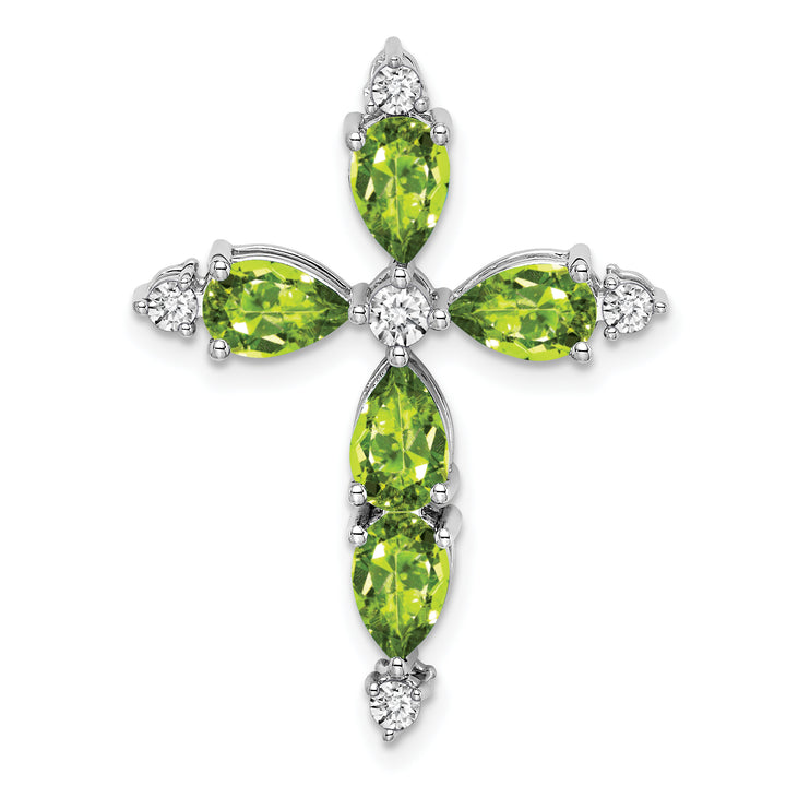 14k White Gold Pear Peridot & Diamond Cross Chain Slide