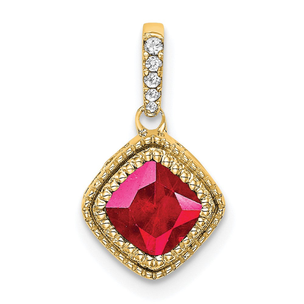 Lovely Rita's Pendants & Charms 14K Yellow Gold Cushion Ruby and Diamond Pendant with Side Diamond