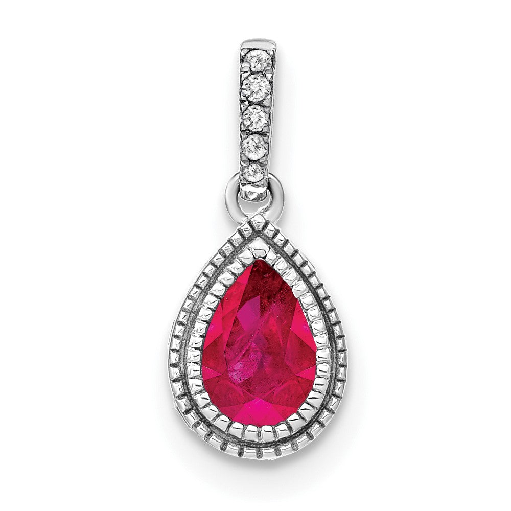 Lovely Rita's Pendants & Charms 14K White Gold Pear Ruby and Diamond Pendant with Side Diamond Detail