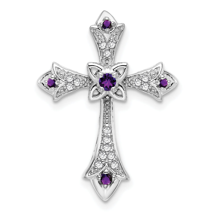 14k White Gold Amethyst & Diamond Fleur de Lis Cross Chain Slide