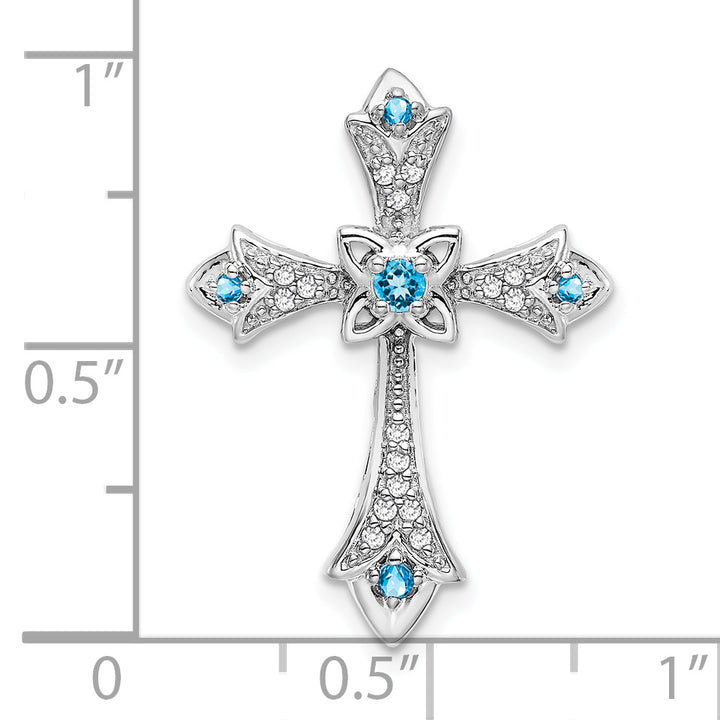 14k White Gold Blue Topaz & Diamond Fleur de Lis Cross Chain Slide
