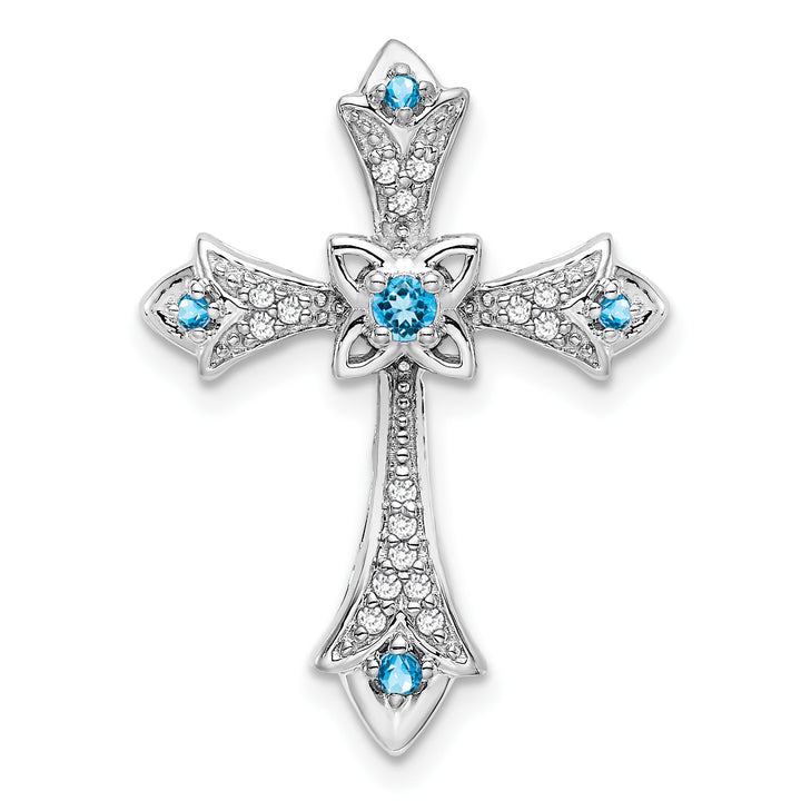 14k White Gold Blue Topaz & Diamond Fleur de Lis Cross Chain Slide