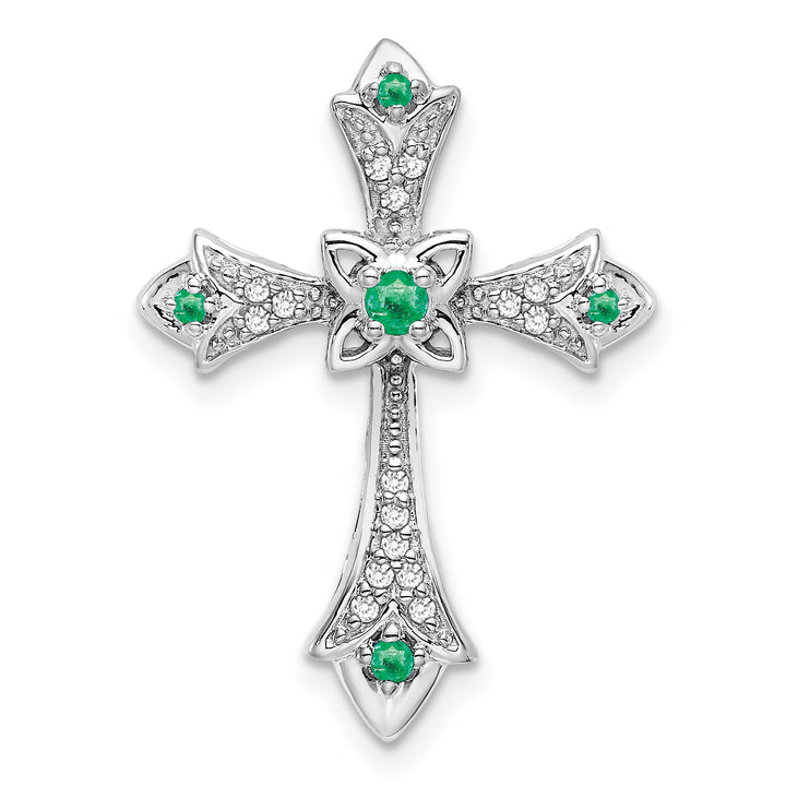 14k White Gold Emerald & Diamond Fleur de Lis Cross Chain Slide