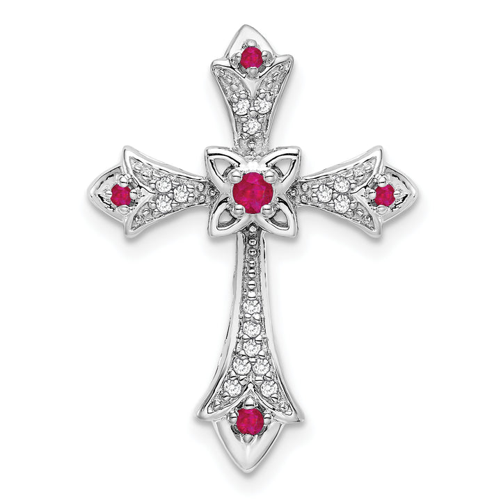 14k White Gold Ruby & Diamond Fleur de Lis Cross Chain Slide