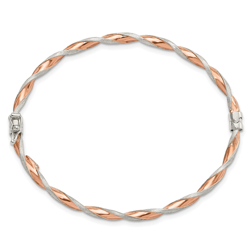 Sterling Silver Rose-tone Satin and Polished Twisted 3mm Hinged Bangle
