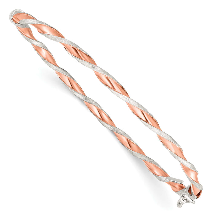 Sterling Silver Rose-tone Satin and Polished Twisted 3mm Hinged Bangle