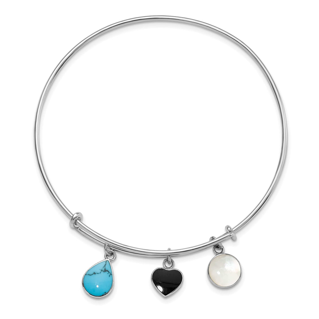 Sterling Silver Rhodium-plated Onyx, Turquoise and Pearl Charm Bangle