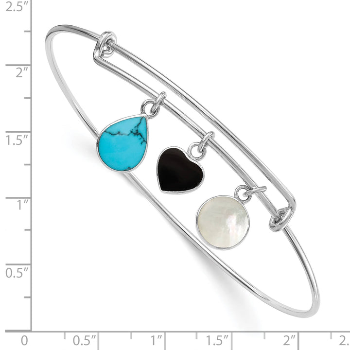 Sterling Silver Rhodium-plated Onyx, Turquoise and Pearl Charm Bangle