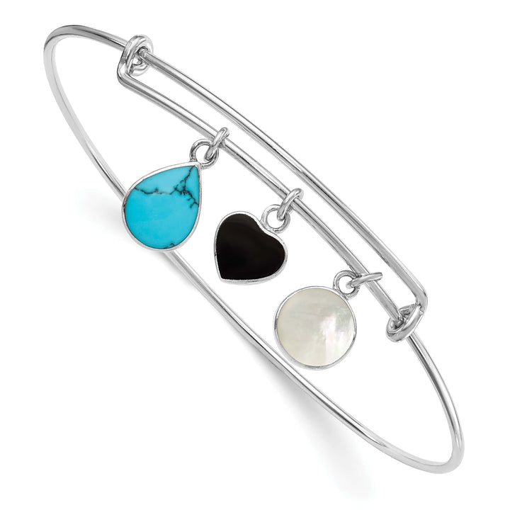 Sterling Silver Rhodium-plated Onyx, Turquoise and Pearl Charm Bangle