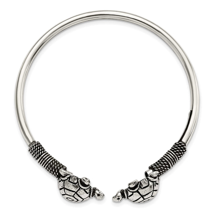 Sterling Silver Polished Antiqued Two Turtles Flexible Bangle