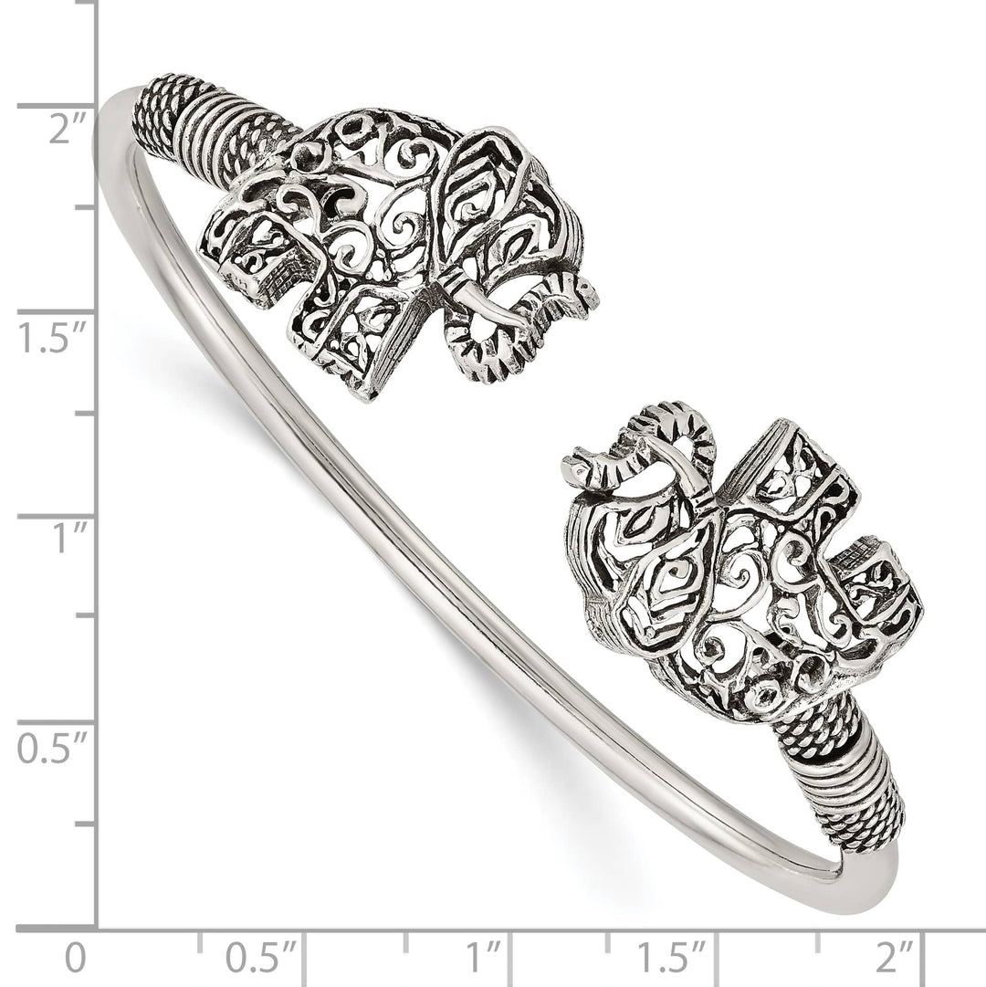 Sterling Silver Antiqued Filigree Two Elephants Flexible Bangle