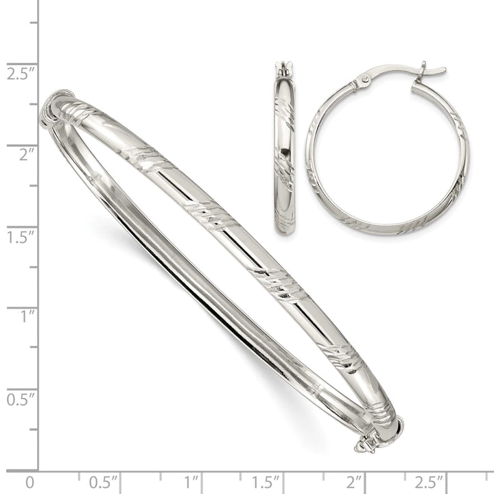 Sterling Silver Diamond-cut 4mm Hinged Bangle and 3x25mm Hoop - 7.85g