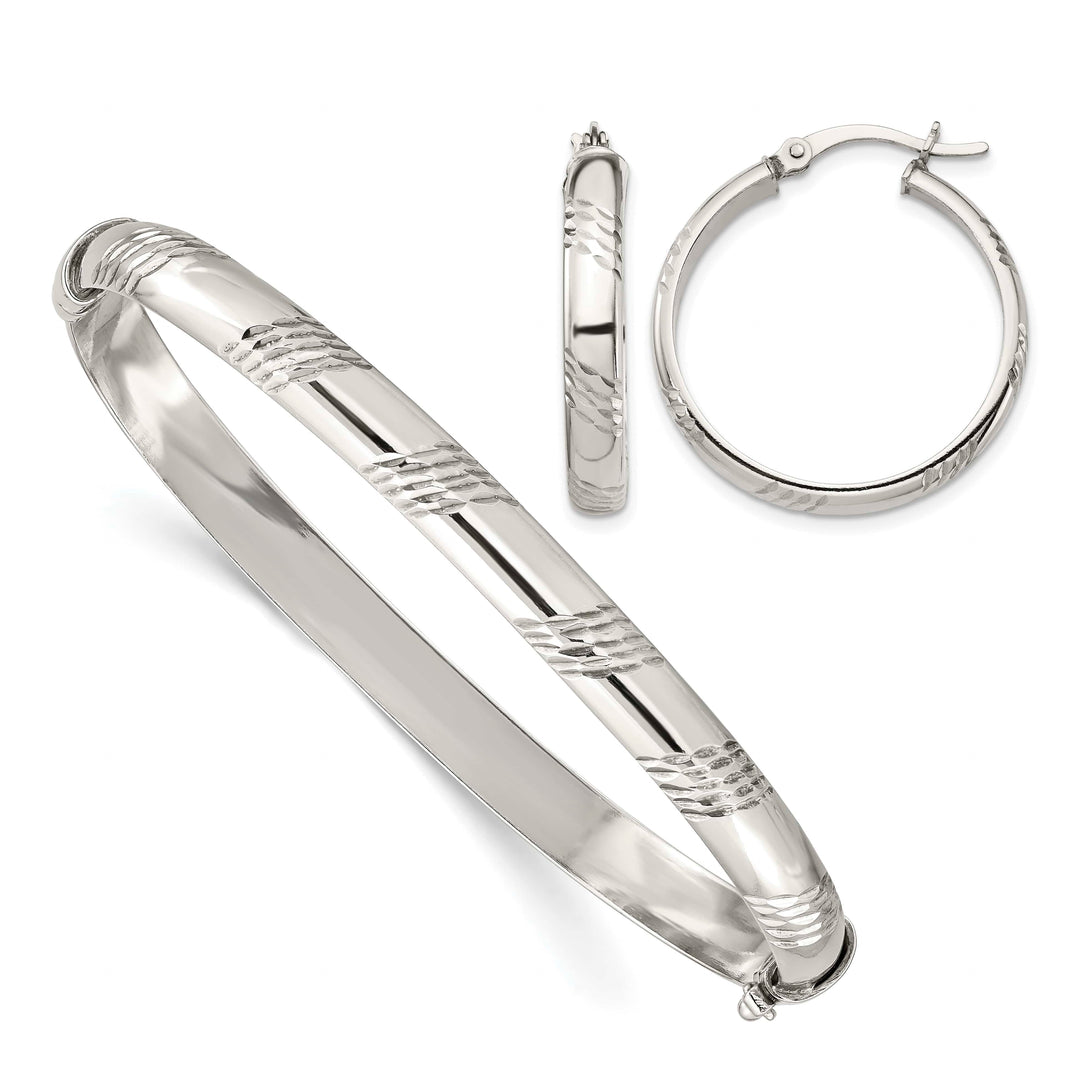 Sterling Silver Diamond-cut 6mm Hinged Bangle and 4x25mm - 10.15g